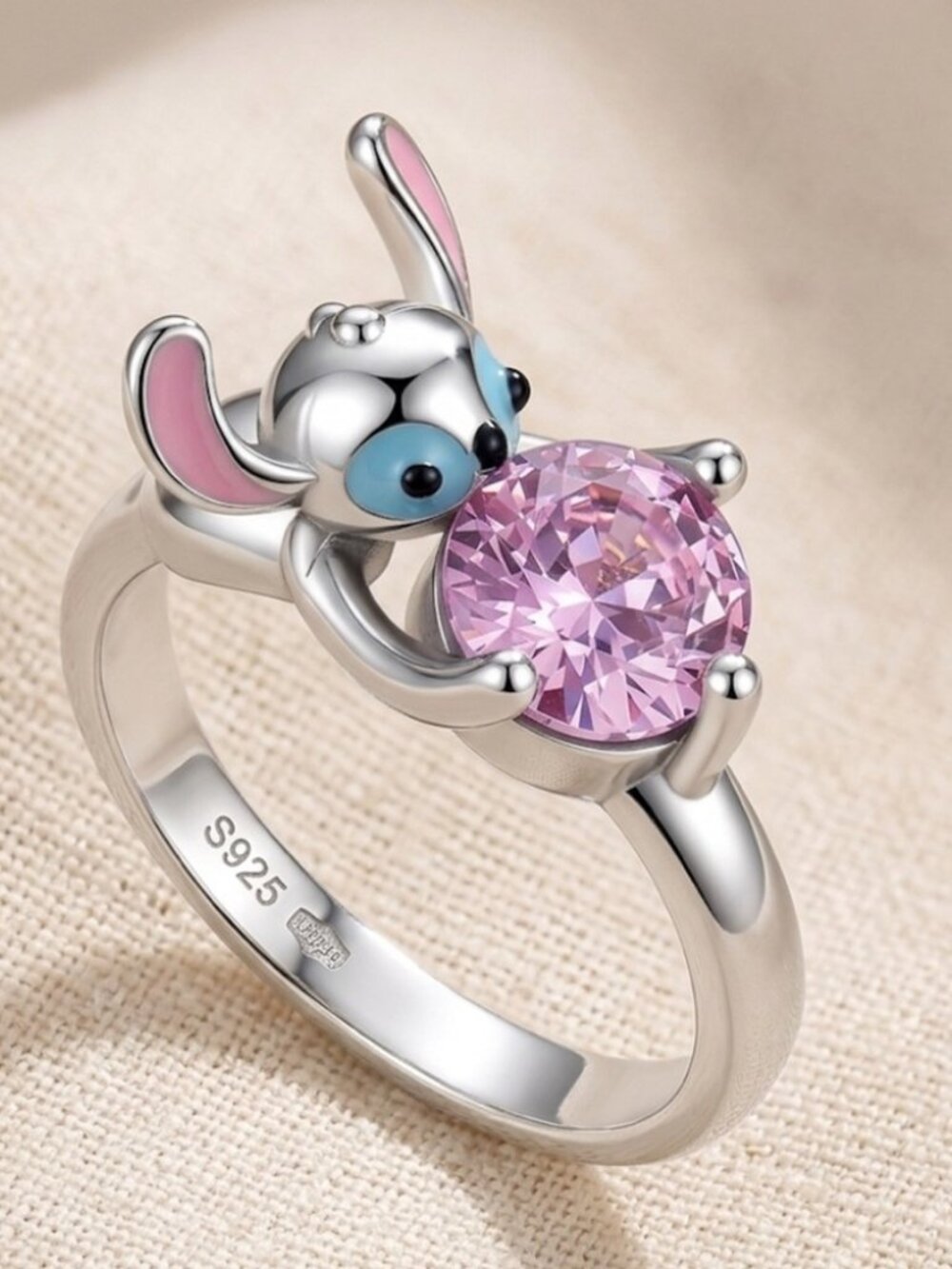 Cute Alien Sterling Silver Ring with Pink Crystal